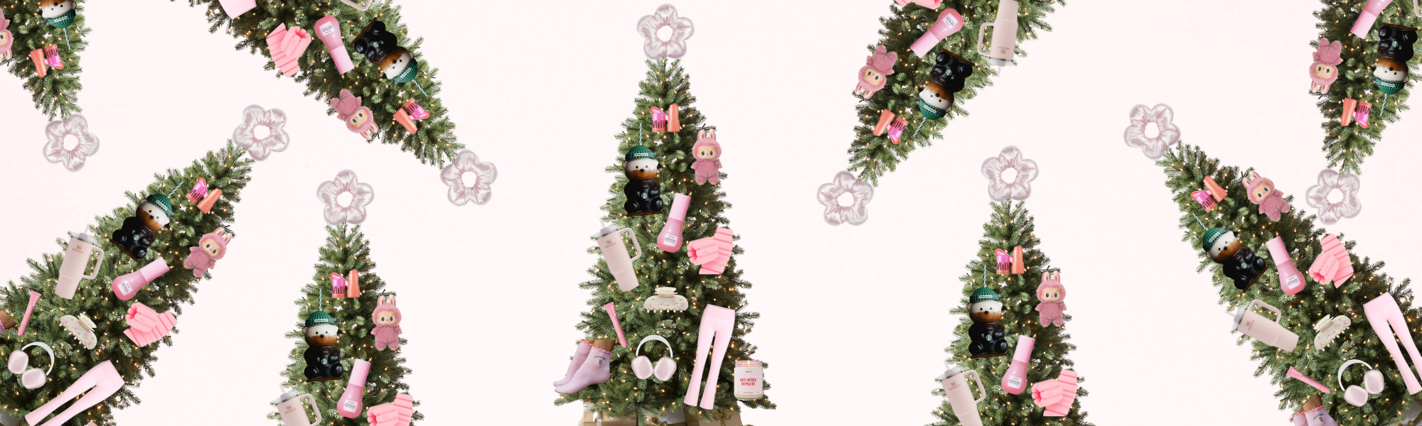 christmas trees covered in most wanted items of the season: labubu, rhode gloss, starbucks bearista cold cup Canada, airpod max pink, betterme pink leggings, glow watermelon serum, matbloom blush pink scrunchie