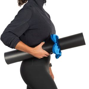 1) yoga mat scrunchie keeping mat neatly rolled – MatBloom
2) pink mat carrier – silk strap alternative
3) cobalt blue yoga mat scrunchie – flower shaped
4) pilates mat scrunchie – made in Canada
5) luxury silk yoga mat carrier – no buckle